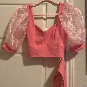 Pink Cropped Organza Top With Puff Sleeves Size Medium (M)